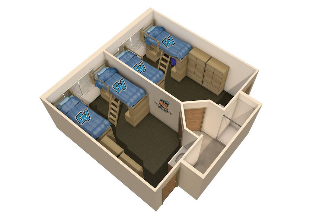 Suite Style Floor Plan with two bedrooms, each with two beds, and a shared bathroom.